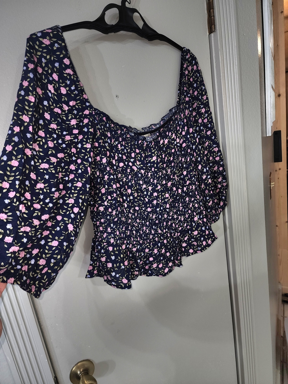 Mi Ami Navy Smocked Floral Puff-Sleeve Blouse with Pink Blossoms